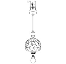 Sprängskiss av en pendellampa med geometrisk lampskärm och LED-lampa