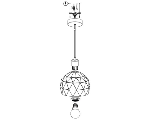 Sprängskiss av en pendellampa med geometrisk lampskärm och LED-lampa