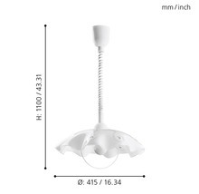 Vit hänglampa med flexibel upphängning och måtten 1100 gånger 415 millimeter.
