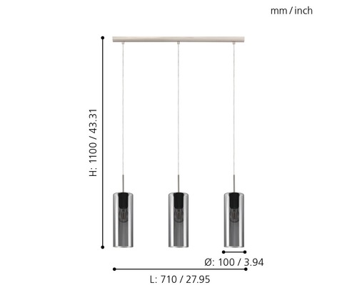 Pendellampa med tre lampor och mått.