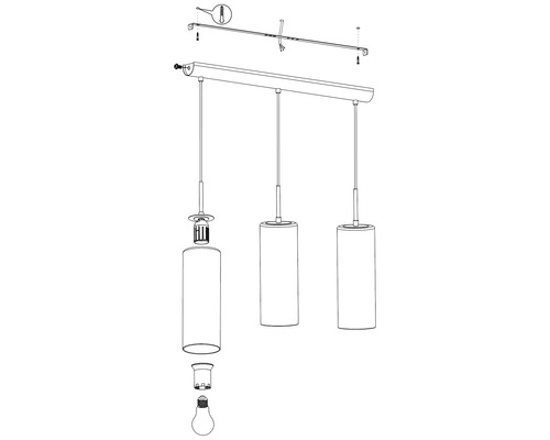 Sprängskiss av en hängande lampa med tre lampskärmar, monteringsanvisning