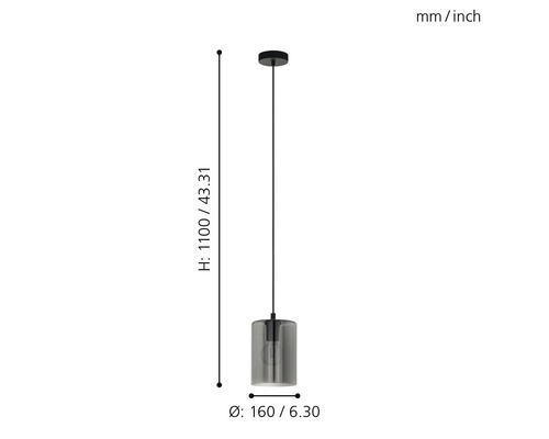 Pendellampa med måtten 1100 millimeter höjd och 160 millimeter diameter