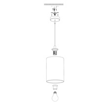 Sprängskiss av en hänglampa med lampskärm och glödlampa