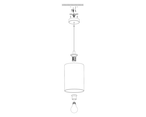 Sprängskiss av en hänglampa med lampskärm och glödlampa