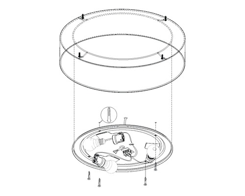 Sprängskiss av en taklampa med monteringsanvisningar och fästmaterial