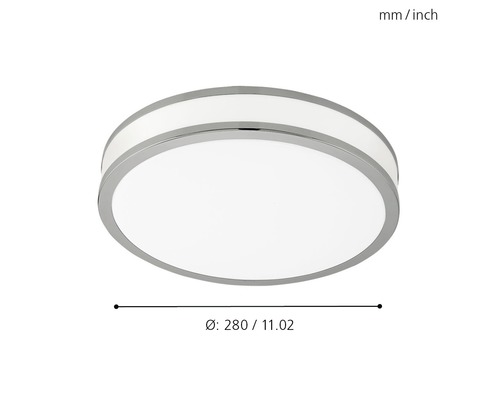 Rund taklampa med kromkant och måtten 280 millimeter i diameter