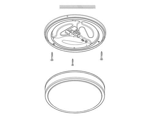 Sprängskiss av en rund taklampa med monteringstillbehör
