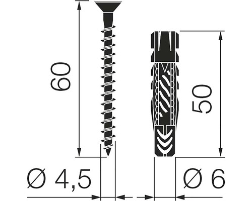 Teknisk ritning av en skruv med plugg och måttangivelser