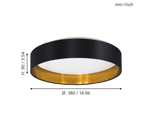 Taklampa med måtten diameter 380 millimeter och höjd 90 millimeter.