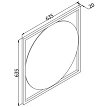 Teknisk ritning av en kvadratisk spegel med måtten 635 x 635 mm och en ram på 20 mm.