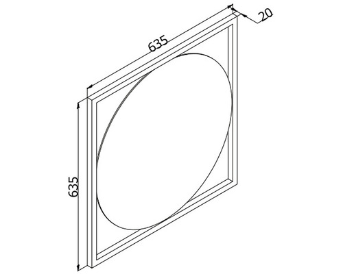 Teknisk ritning av en kvadratisk spegel med måtten 635 x 635 mm och en ram på 20 mm.