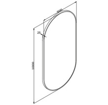 Teknisk ritning av en oval spegel med måtten 1000 x 500 millimeter