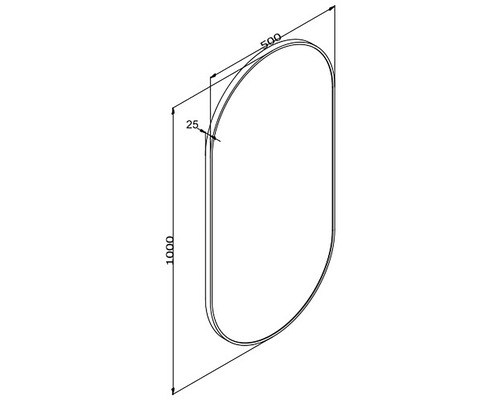 Teknisk ritning av en oval spegel med måtten 1000 x 500 millimeter