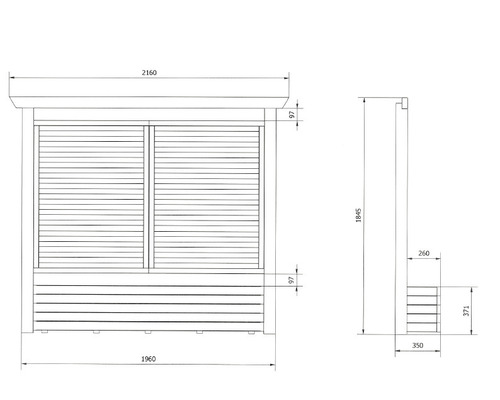 Teknisk ritning av ett trädgårdshus med dimensioner