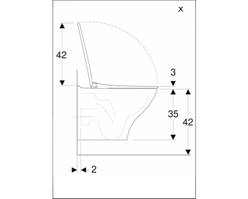 Teknisk ritning av en vägghängd toalett med mått