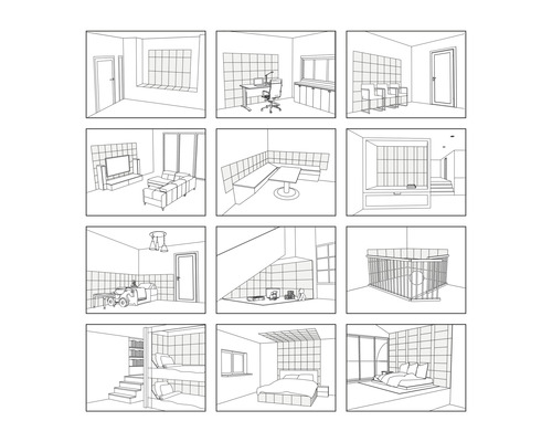 Svartvita streckteckningar av olika bostadsutrymmen som vardagsrum, sovrum och kök