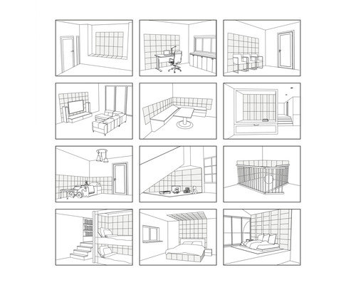 Illustration av olika rumsvyer för husplanering