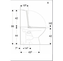 Teknisk ritning av en toalett med dimensioner.