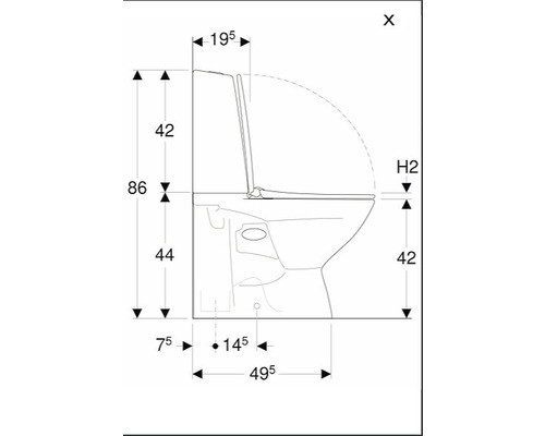 Teknisk ritning av en toalett med dimensioner.
