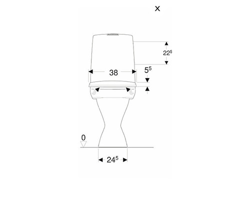 Teknisk ritning av en stående toalett med måttangivelser.