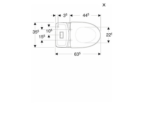 Teknisk ritning av en toalett med måttangivelser