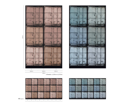 Fototapet med containermotiv och storleksinformation
