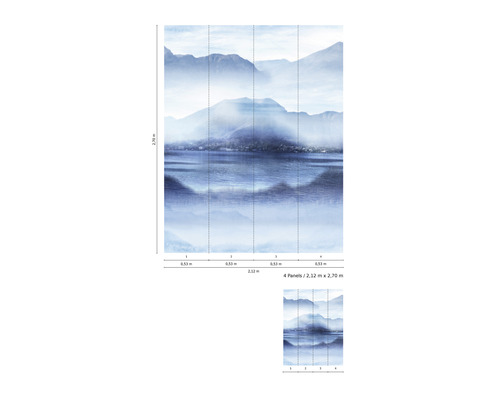 Fototapet med berglandskap och sjö, bestående av fyra delar