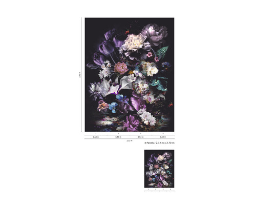 Fototapet med mörkt blommotiv och måtten 2,12 meter x 2,70 meter