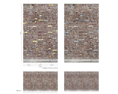 Tapetmönster med tegelväggsutseende, bestående av tre paneler