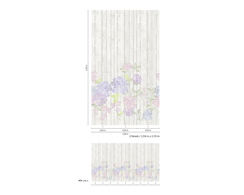 Fototapet med blommönster och träutseende, bestående av tre våder