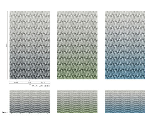 Flera tapetpaneler med ett tredimensionellt rombmönster och färggradienter.