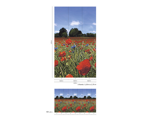 Fototapet med vallmofält, bestående av tre remsor