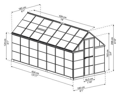 Teknisk ritning av ett växthus med dimensioner