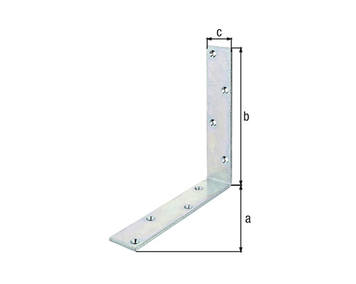 Vinkelbeslag med måtten a, b och c för fastsättning av komponenter.