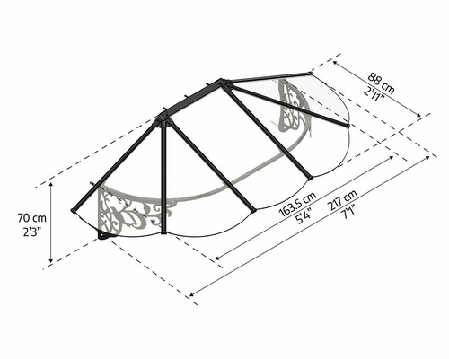Mått på ett tak med en höjd på 70 cm, ett djup på 88 cm och en längd på 217 cm