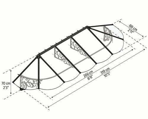 Ritning av ett dörrtak med dimensioner
