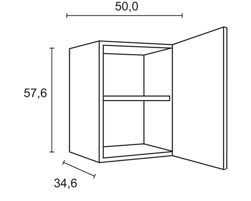 Ritning av ett väggskåp med måtten 50,0 x 57,6 x 34,6 cm.