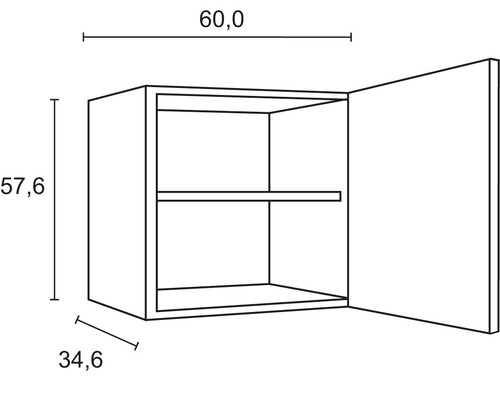 Ritning av ett väggskåp som mäter 60 gånger 57,6 gånger 34,6 centimeter.