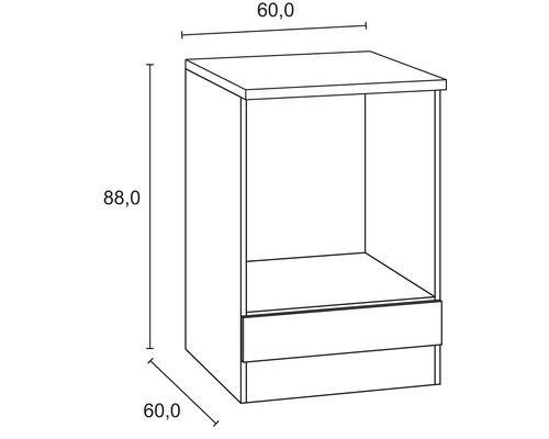 Teknisk ritning av ett underskåp med låda och måtten 60,0 x 60,0 x 88,0 cm