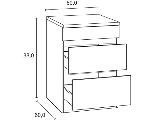 Teknisk ritning av ett underskåp med lådor och måtten höjd 88 centimeter, bredd 60 centimeter och djup 60 centimeter.