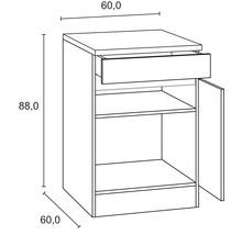 Teknisk ritning av ett underskåp med låda, dörr och måtten 60,0 x 60,0 x 88,0 centimeter.