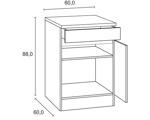 Teknisk ritning av ett underskåp med låda, dörr och måtten 60,0 x 60,0 x 88,0 centimeter.