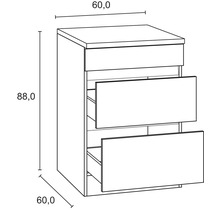 Teknisk ritning av ett underskåp med lådor och måtten 60 gånger 60 gånger 88 centimeter