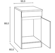 Ritning av ett underskåp med dörr och måtten 50,0, 88,0 och 60,0 centimeter.