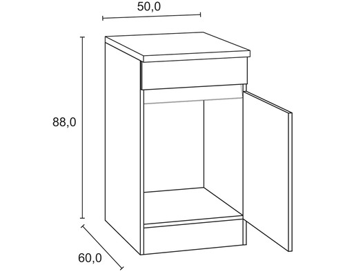 Ritning av ett underskåp med dörr och måtten 50,0, 88,0 och 60,0 centimeter.