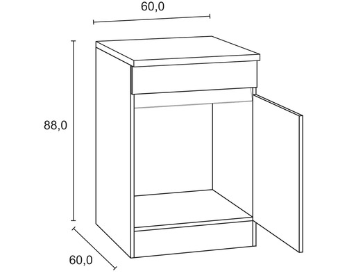 Ritning av ett underskåp med en dörr och måtten 60,0 x 60,0 x 88,0 centimeter.