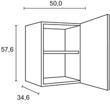 Ritning av ett hängskåp med måtten 50,0 x 57,6 x 34,6 centimeter