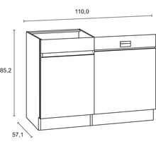 Teknisk ritning av ett underskåp för badrum med måtten 110,0 x 85,2 x 57,1 cm.