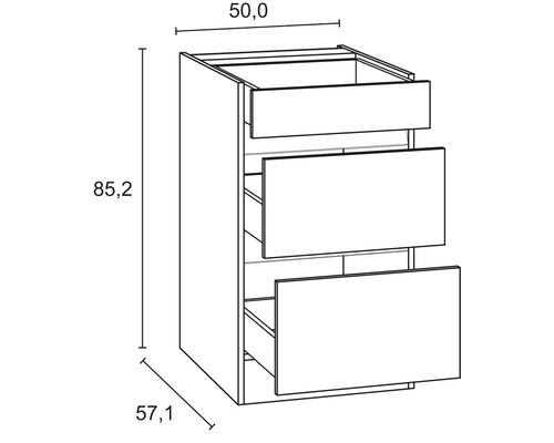 Ritning av ett underskåp med tre lådor och måttangivelser