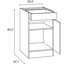 Teknisk ritning av ett köksunderskåp med låda och dörr, mått: 50,0 x 57,1 x 85,2 cm
